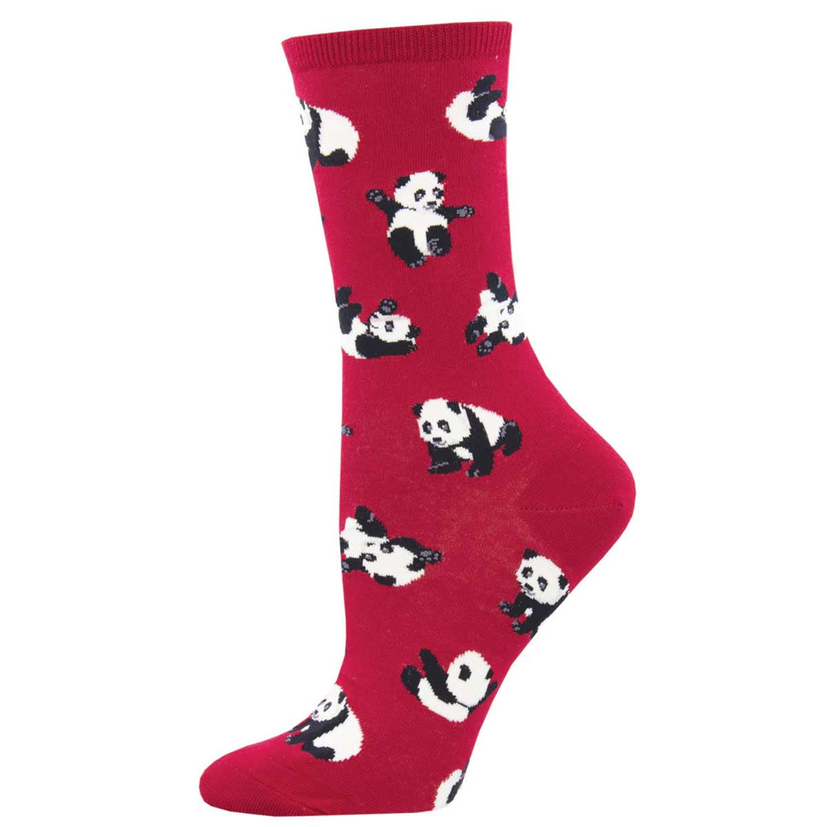 A pair of red crew socks with a playful panda designs