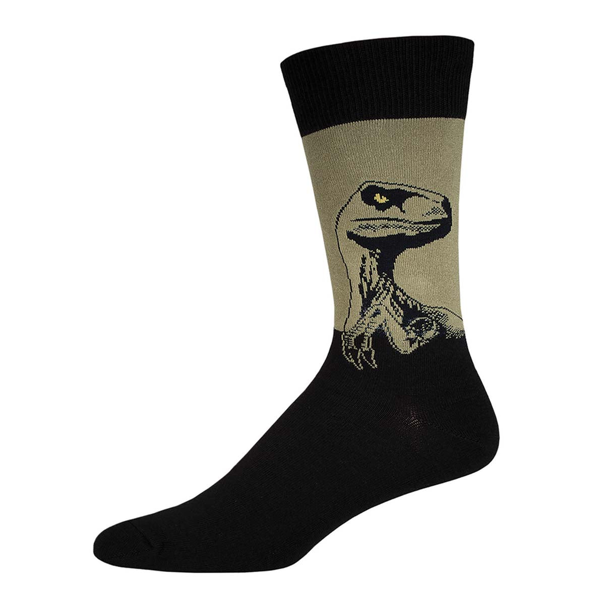 A pair of crew socks featuring an army green velociraptor design on a black background.