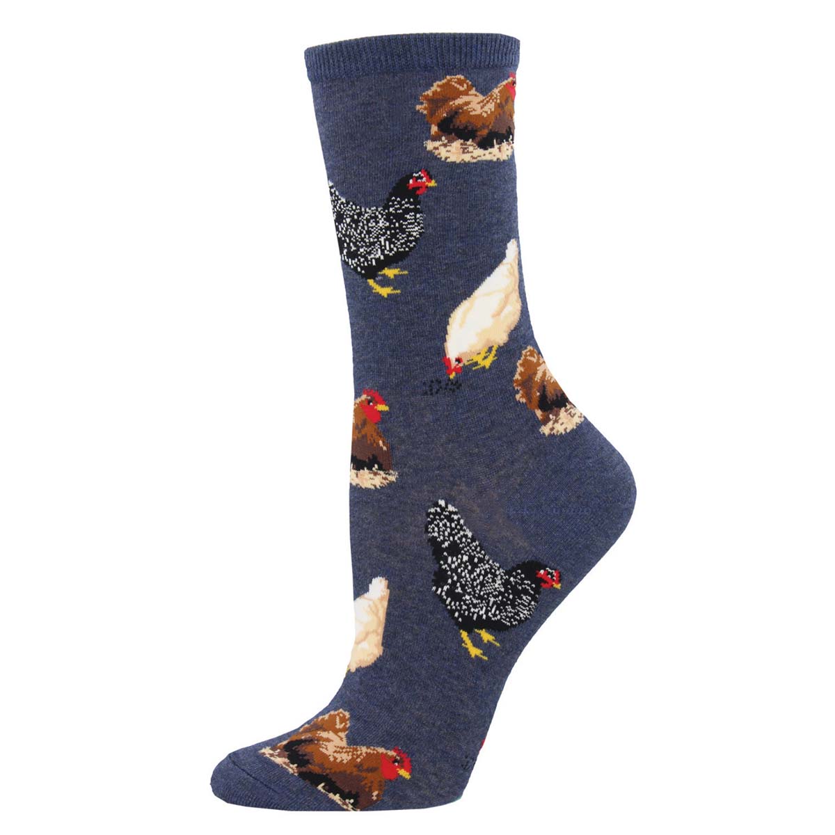 Blue sock with realistic chicken pattern