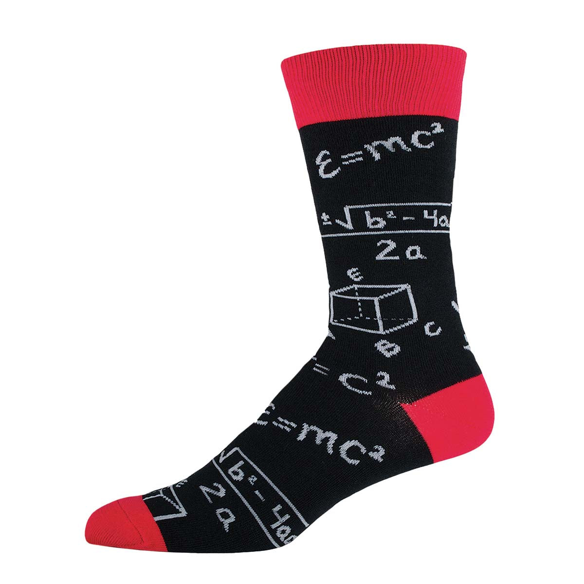 A pair of black crew socks with red trim, featuring white text displaying mathematical equations and theories.