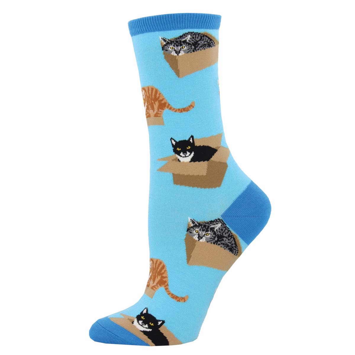 Women's Cat in a Box design sock in Blue color