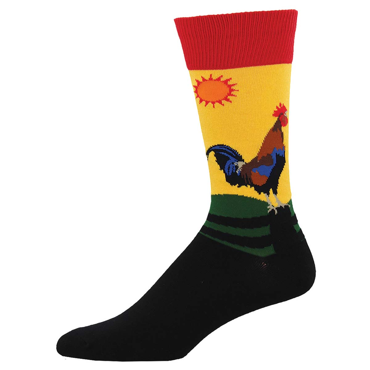 A pair of novelty cotton crew socks featuring a rooster design with a red, yellow, and green color scheme.