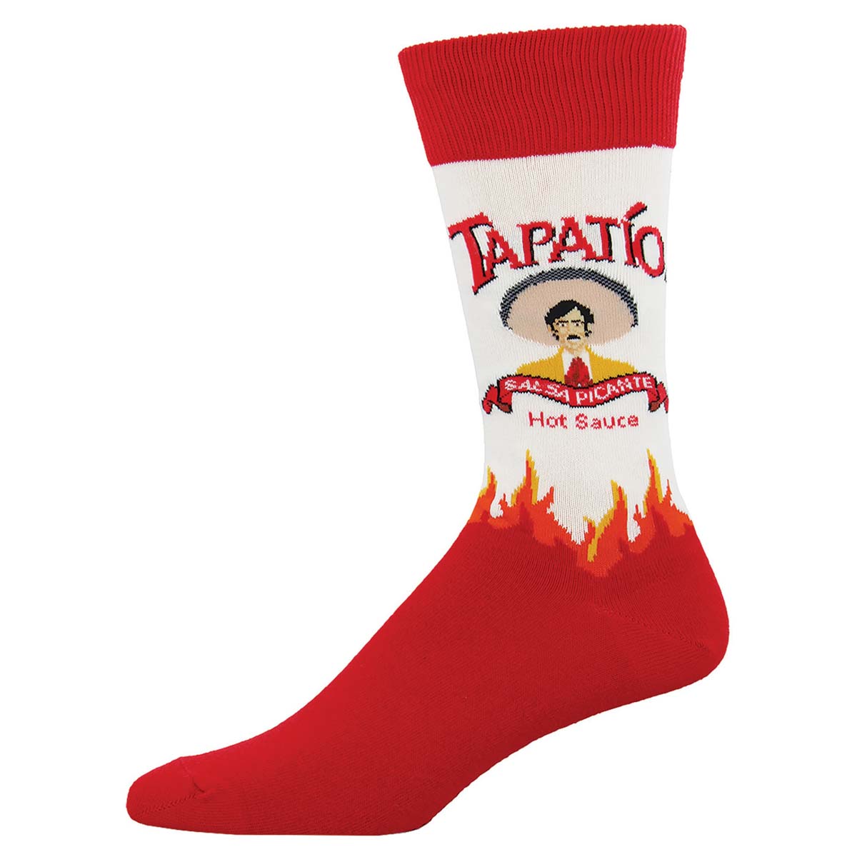 A pair of white crew socks with red heels and toes, featuring the Tapatio hot sauce brand logo and flame designs.