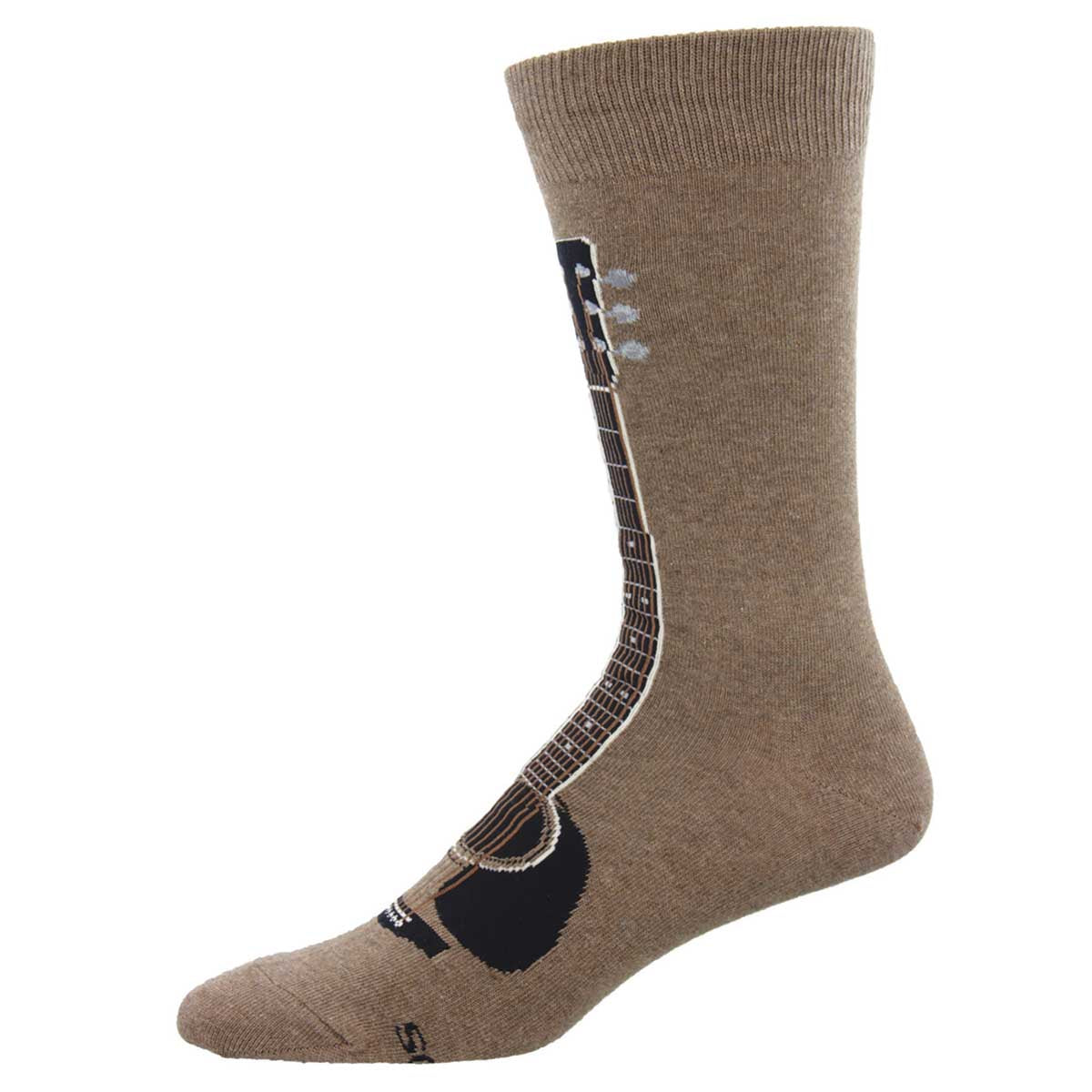 A brown crew sock with a graphic design of a guitar