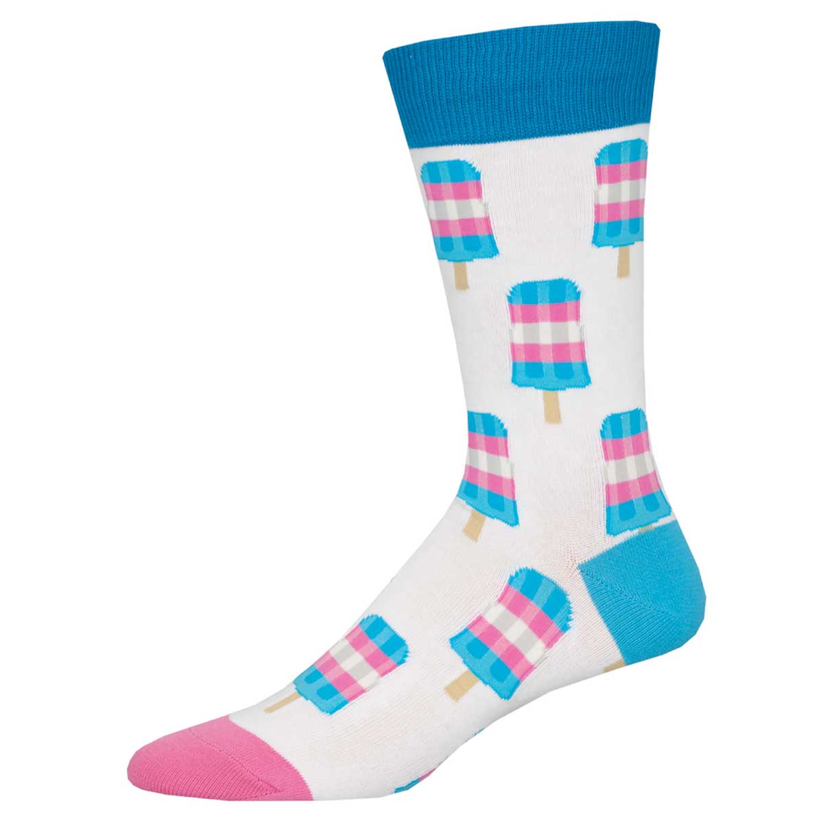 A pair of men's socks with a cotton crew length, featuring a pattern of colorful popsicles on a white background with blue trim at the cuff.