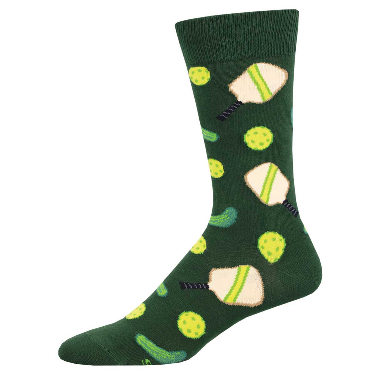 A pair of green crew socks with a pattern of pickleball designs.