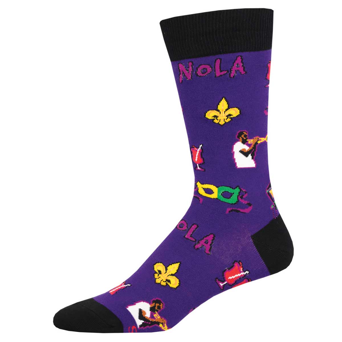A pair of purple cotton crew socks with various designs including the text 'NOLA' and fleur-de-lis symbols.
