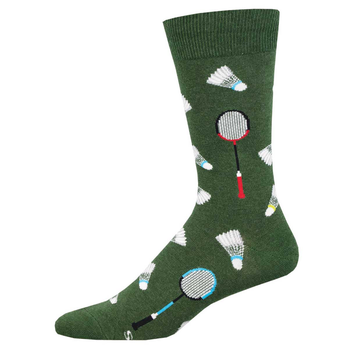A pair of green crew socks with badminton-themed patterns including rackets and shuttlecocks.