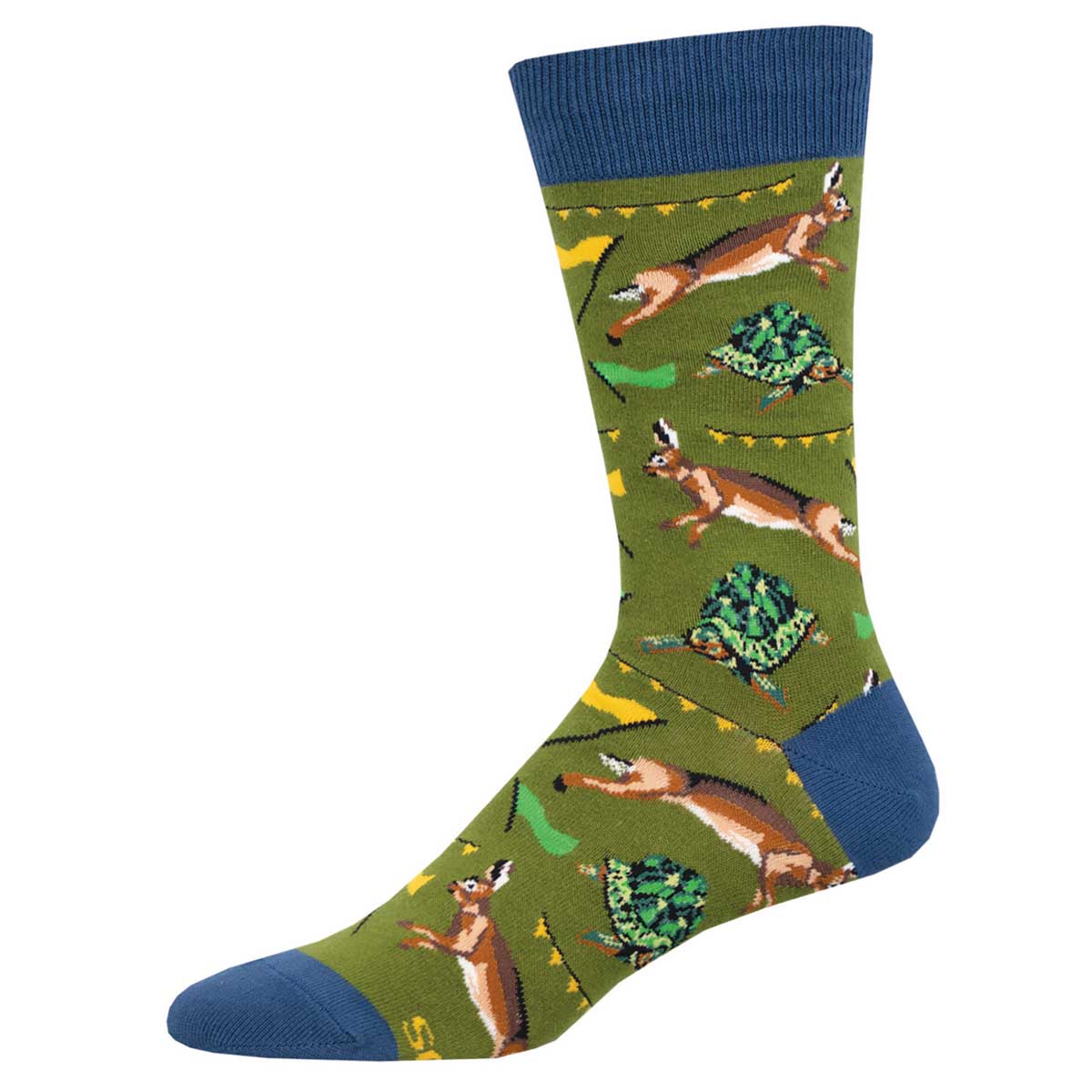 A pair of green crew socks with a pattern featuring tortoises, rabbits, and racing flags.