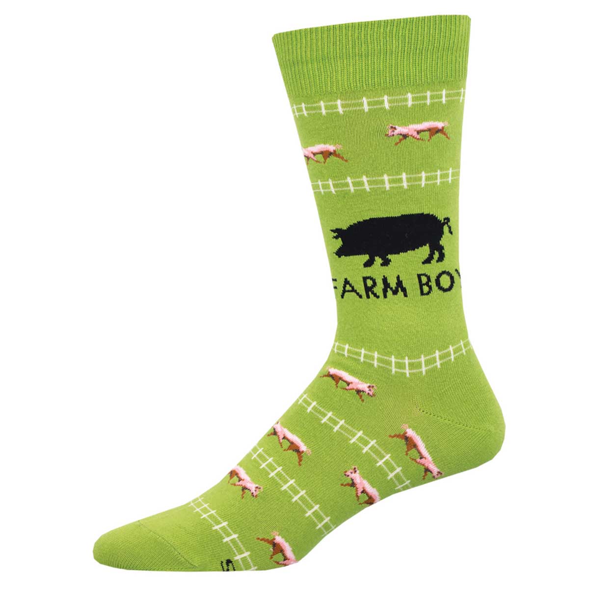 A pair of green crew socks with a farm animal pattern, featuring the text 'FARM BOY' and illustrations of pigs.
