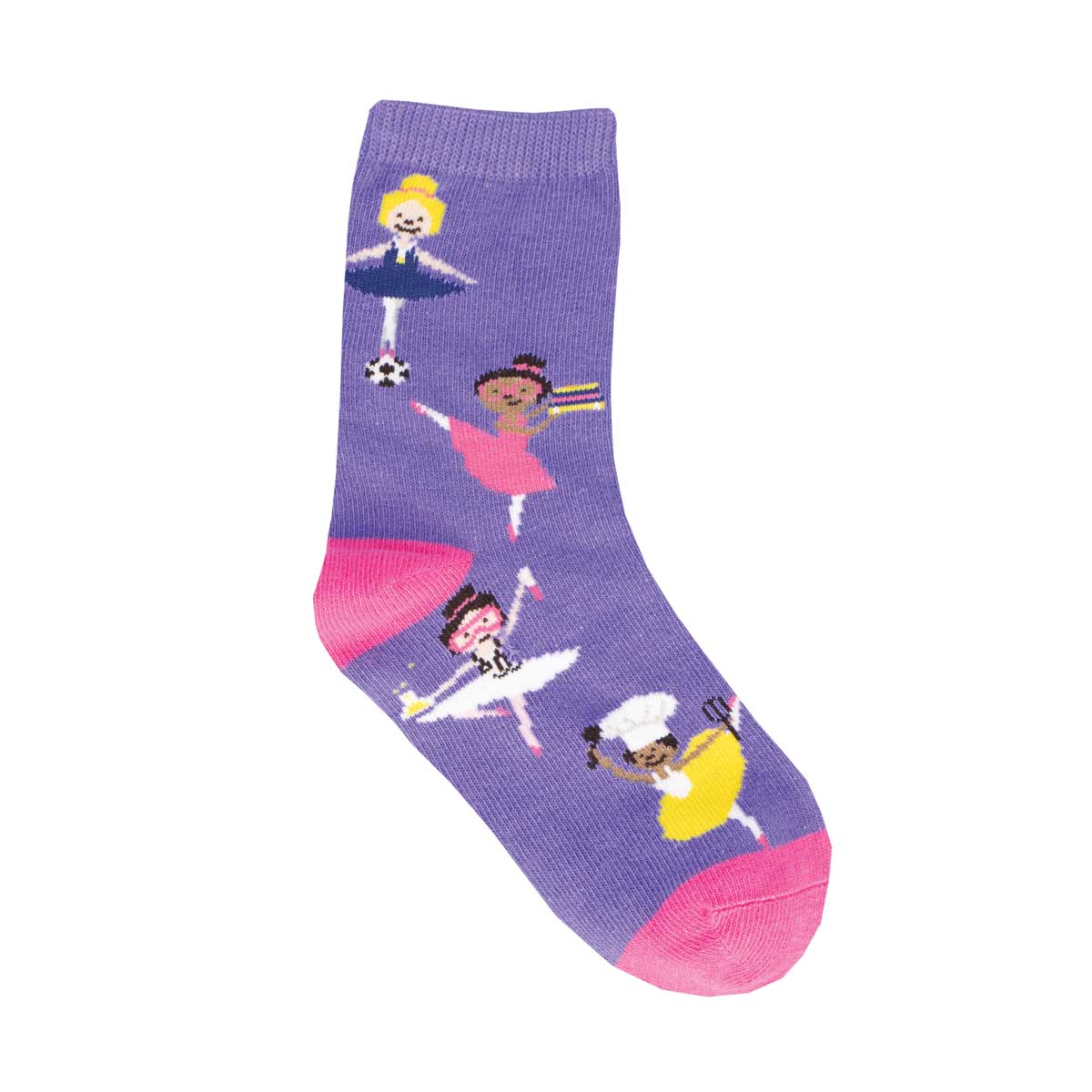 A pair of purple crew socks with a pattern of different female figures engaging in various activities, including ballet and science, along with a pink heel and toe.