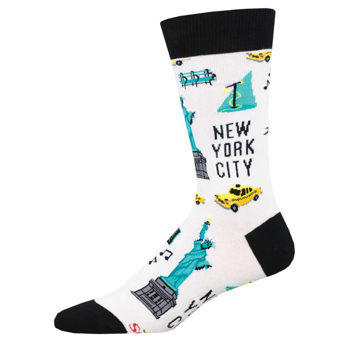 A pair of white cotton crew socks with New York City-themed graphics, including the Statue of Liberty and the Empire State Building.