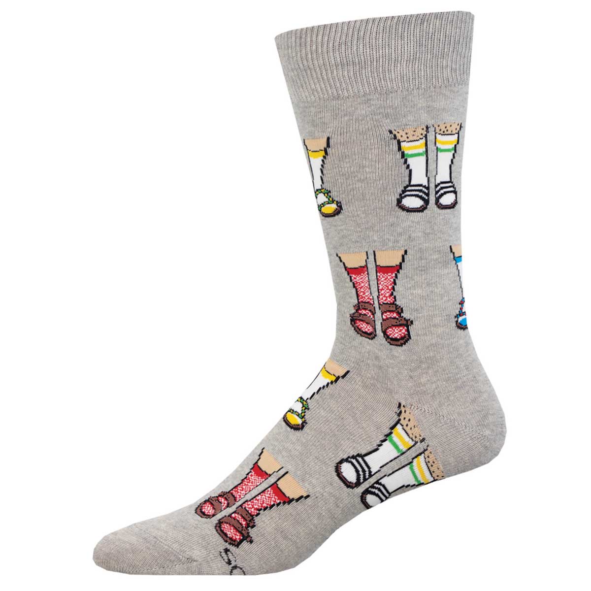 A pair of gray cotton crew socks featuring socks and sandals designs.
