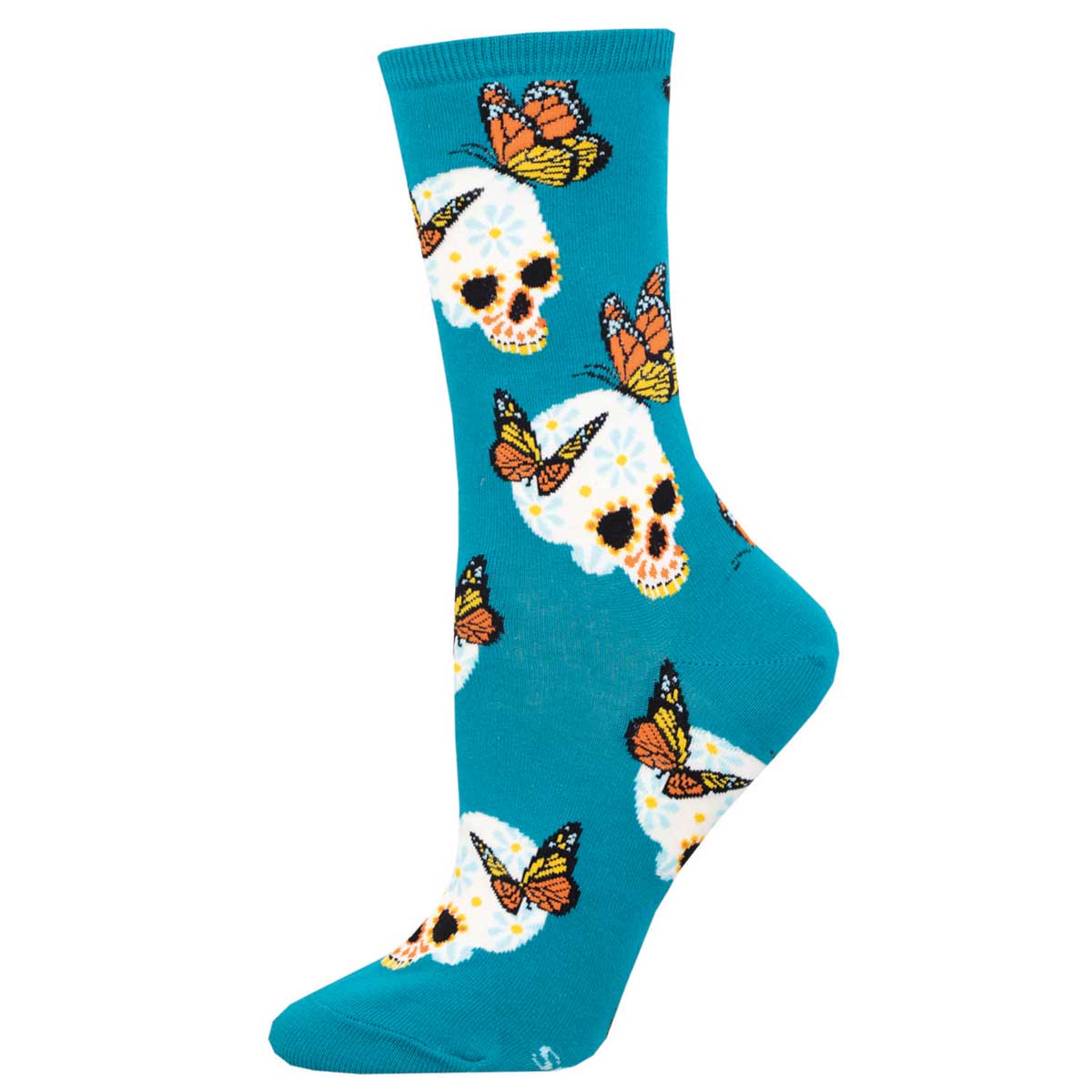 A pair of blue cotton crew socks with a pattern of skulls and butterflies.
