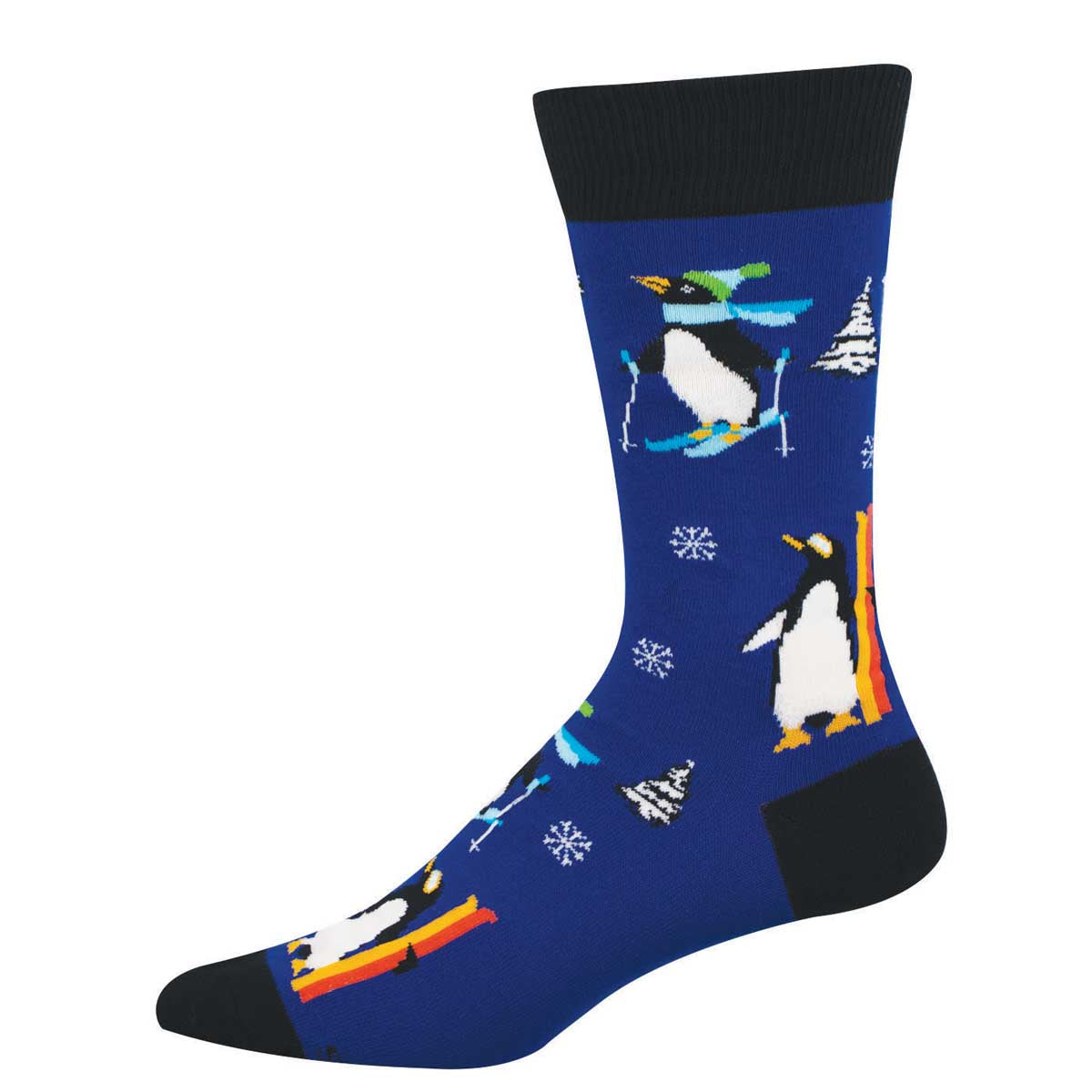 Blue sock with penguins skiing