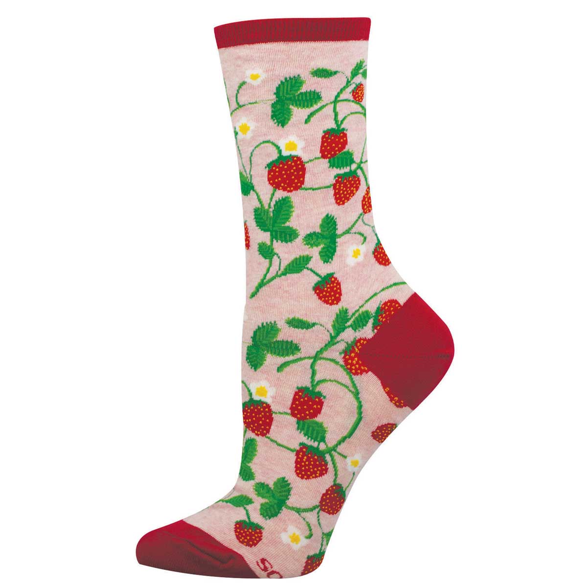 Women's Cotton Crew Socks - Strawberry Vines on Pink Background - Socksmith