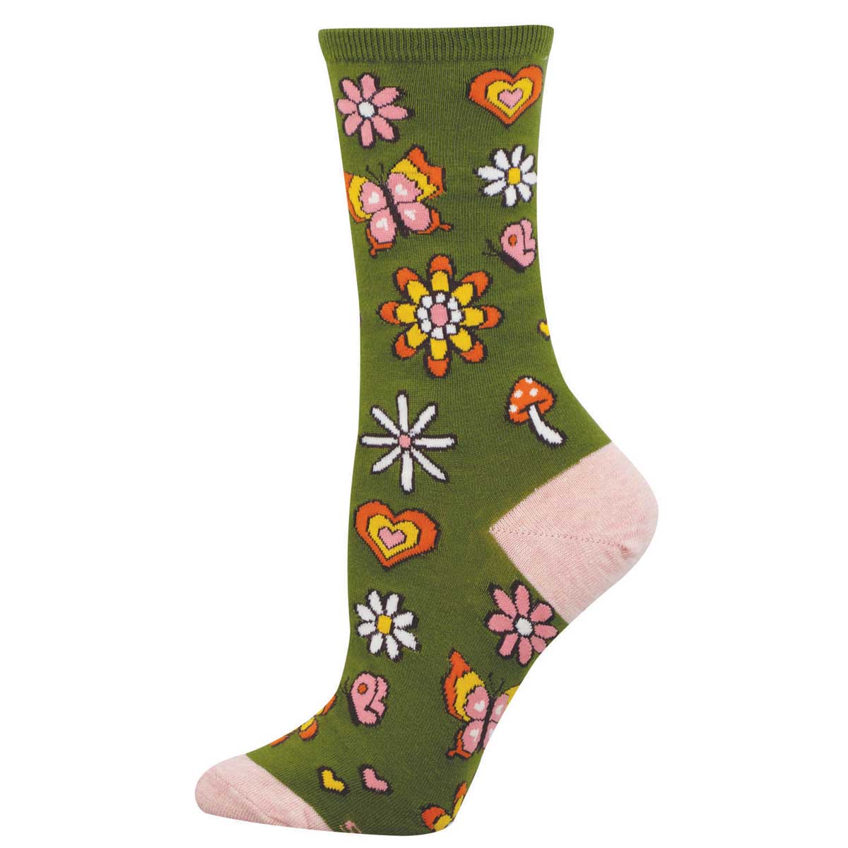 Women's Cotton Crew Socks - Colorful Floral and Heart Patterns On a Green Background - Socksmith