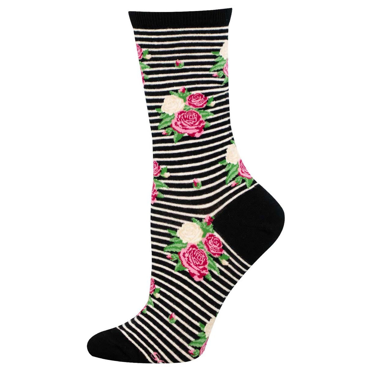Black and white striped sock with floral rose pattern
