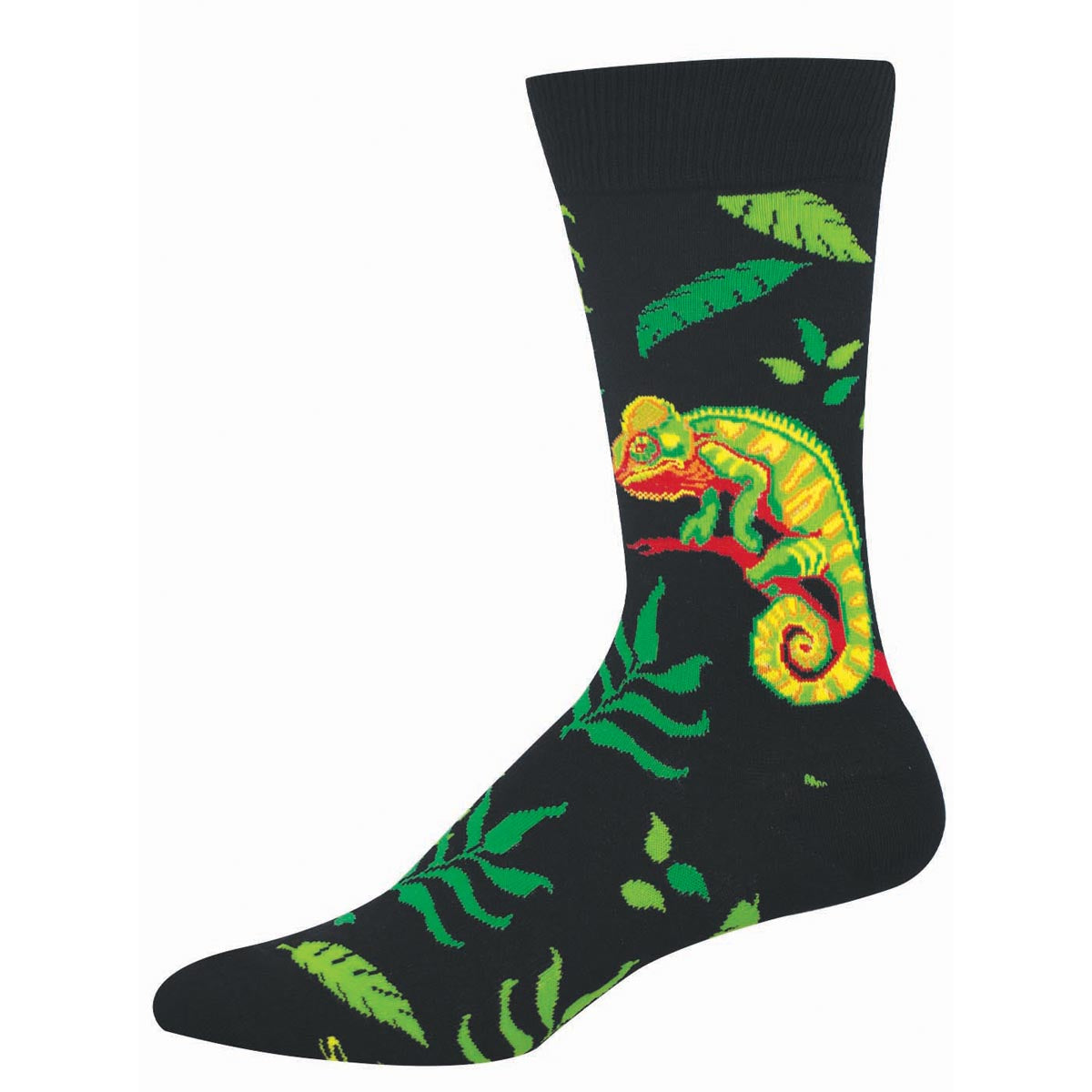 Black sock with a colorful chameleon design