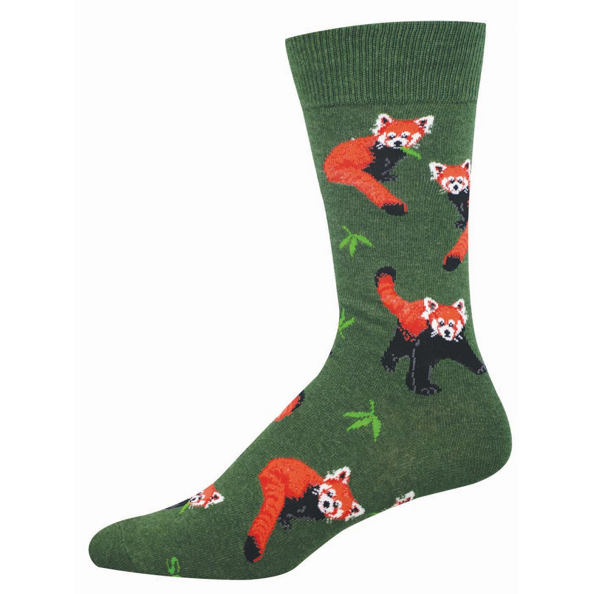 Men's Red Pandamonium design sock in Green Heather color