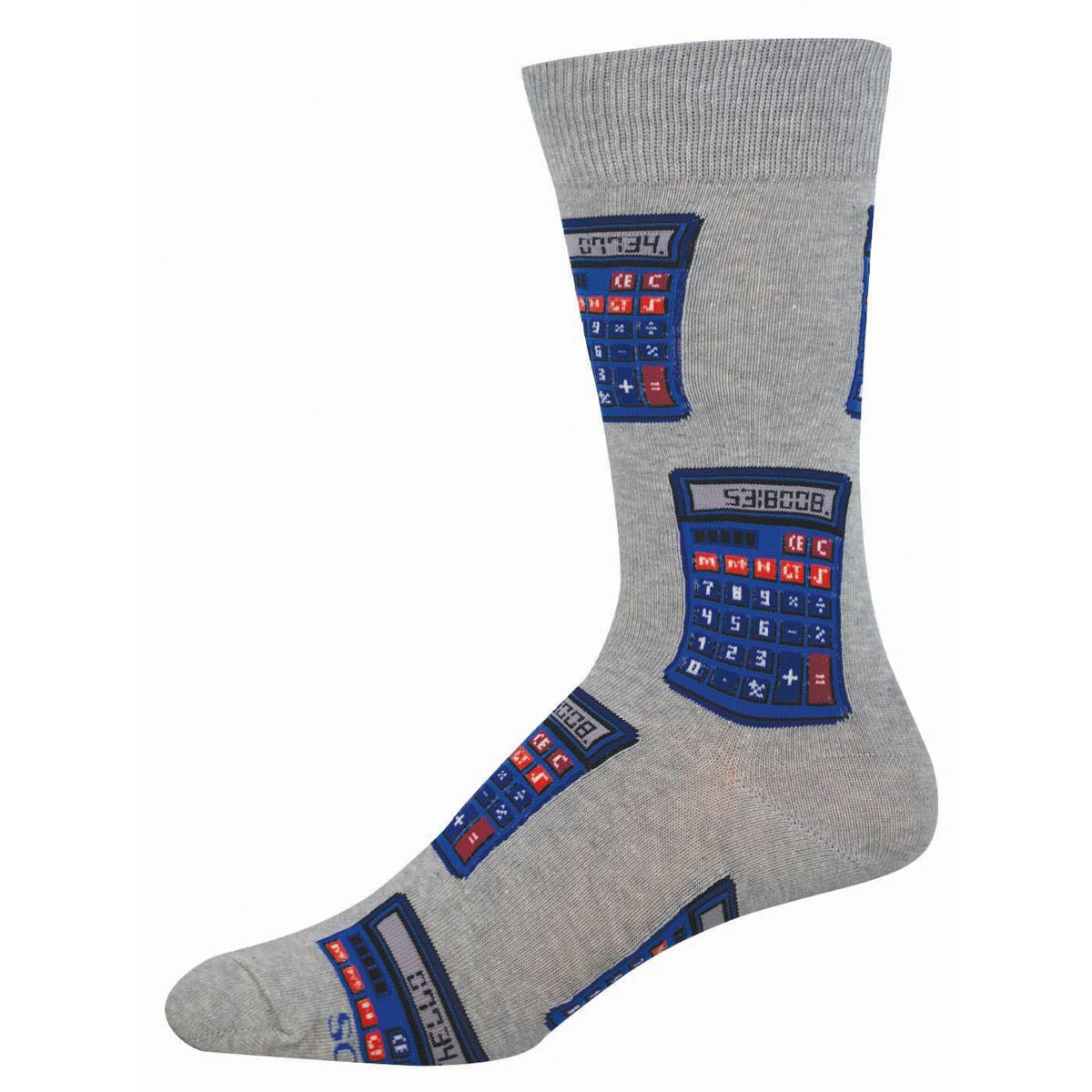 Gray sock with calculator design with the numbers spelling out "hello" and "boobies"