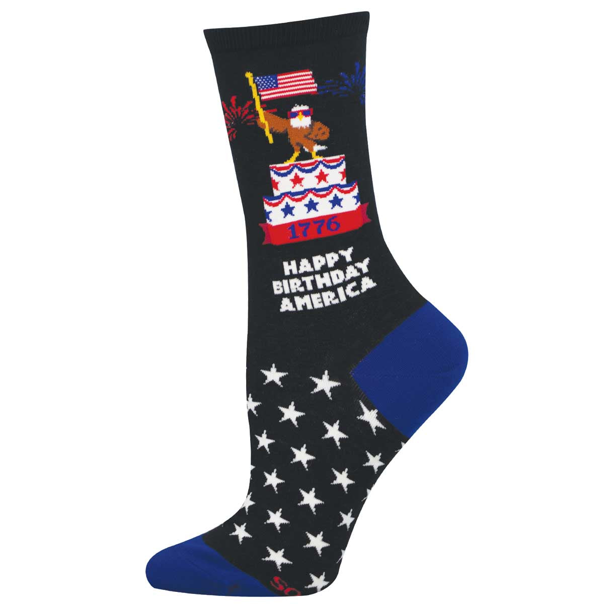 Sock with American-themed design featuring an eagle standing on a 1776 birthday cake.