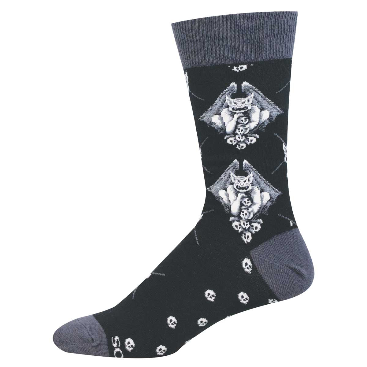 Black sock with white and grey gargoyle and skull design arranged in an argyle pattern