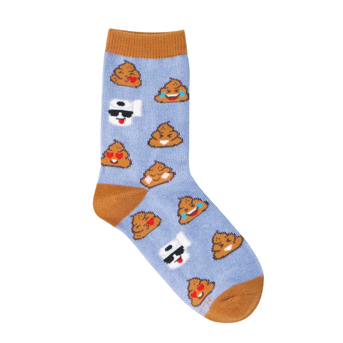 4-7yo Sock with cartoon poop emoji designs on a light blue background