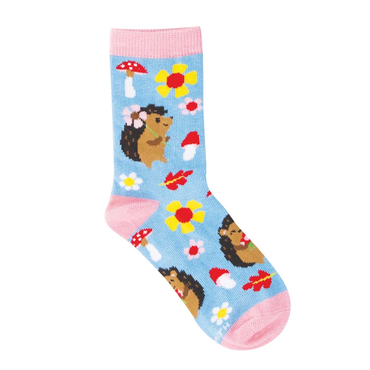 4-7yo Colorful sock with hedgehog and flower design on a blue background