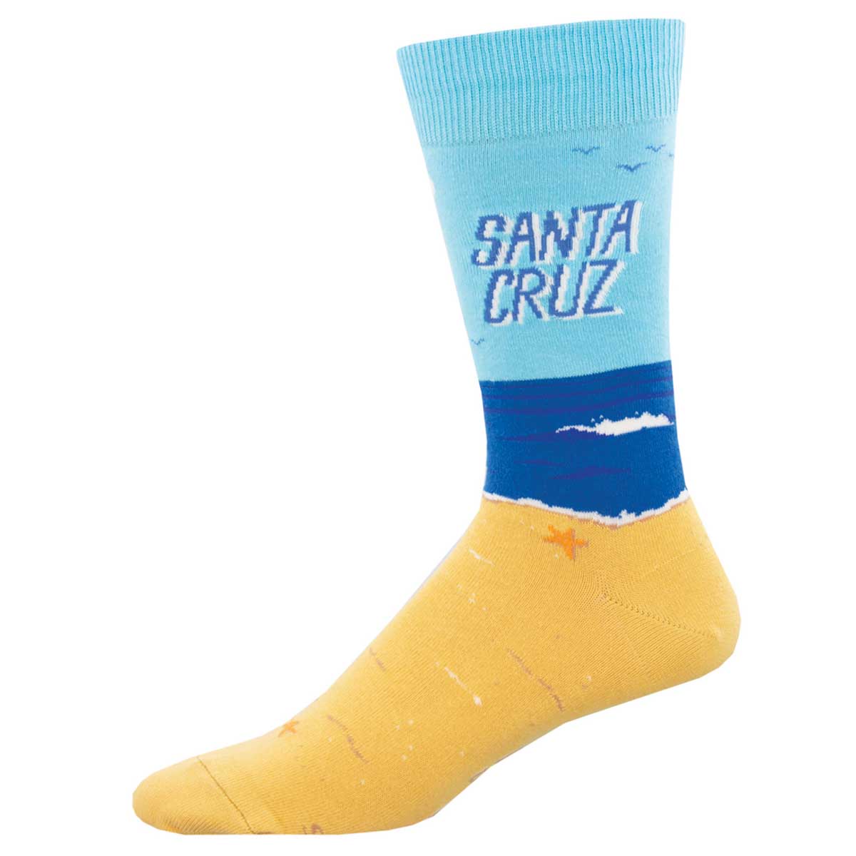 Men's Cotton Crew Socks - Beach Theme Design with "Santa Cruz" Text - Blue and Sand - Socksmith