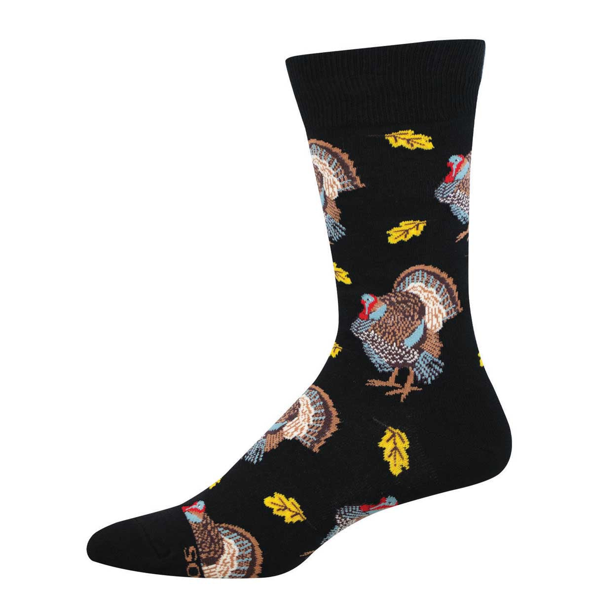 Men's Holiday Cotton Crew Socks - Colorful Turkey Design with Yellow Leaves - Black - Socksmith