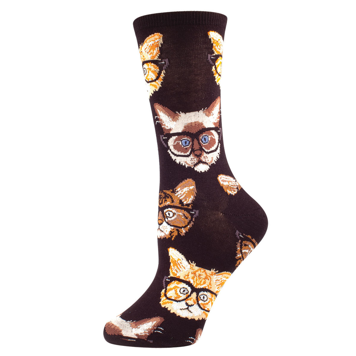 A dark brown sock featuring a pattern of close up cat faces wearing black-rimmed glasses