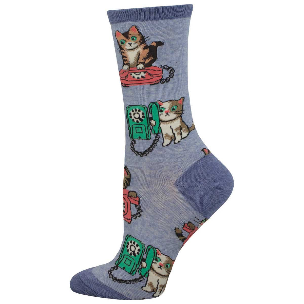 A pair of women's cotton crew socks featuring cartoon cats in various poses on the phone on a blue background. 'Cat Calls'