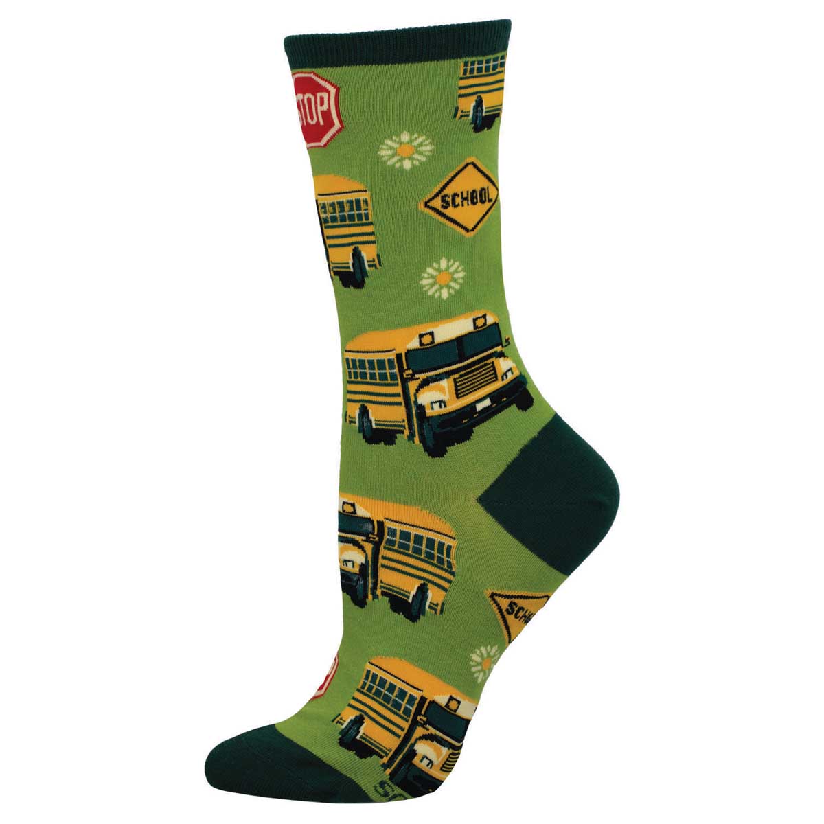A pair of colorful socks featuring a pattern with school buses, street signs, and flowers on a green background.