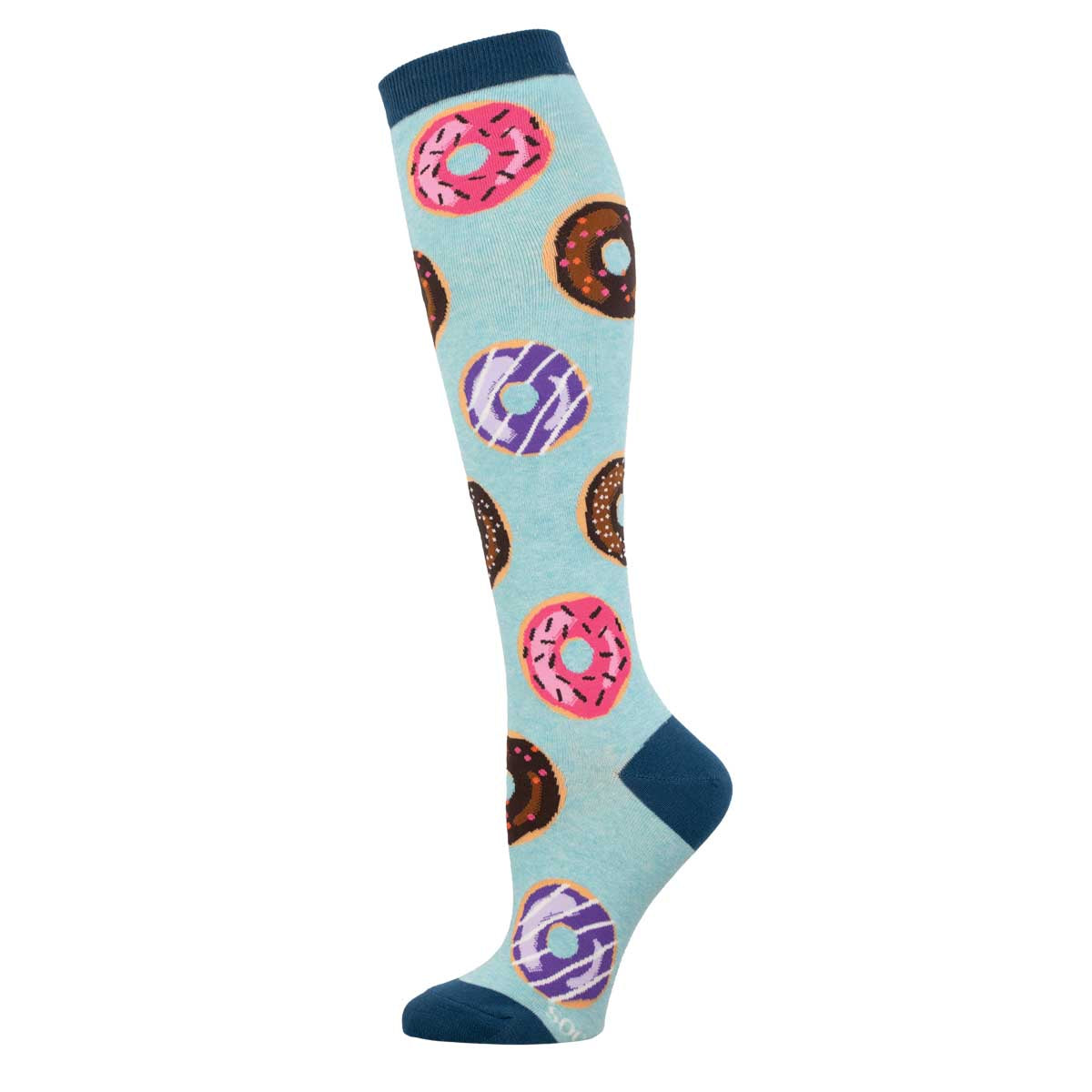 A knee-high sock with a pattern of colorful donuts against a light blue background.