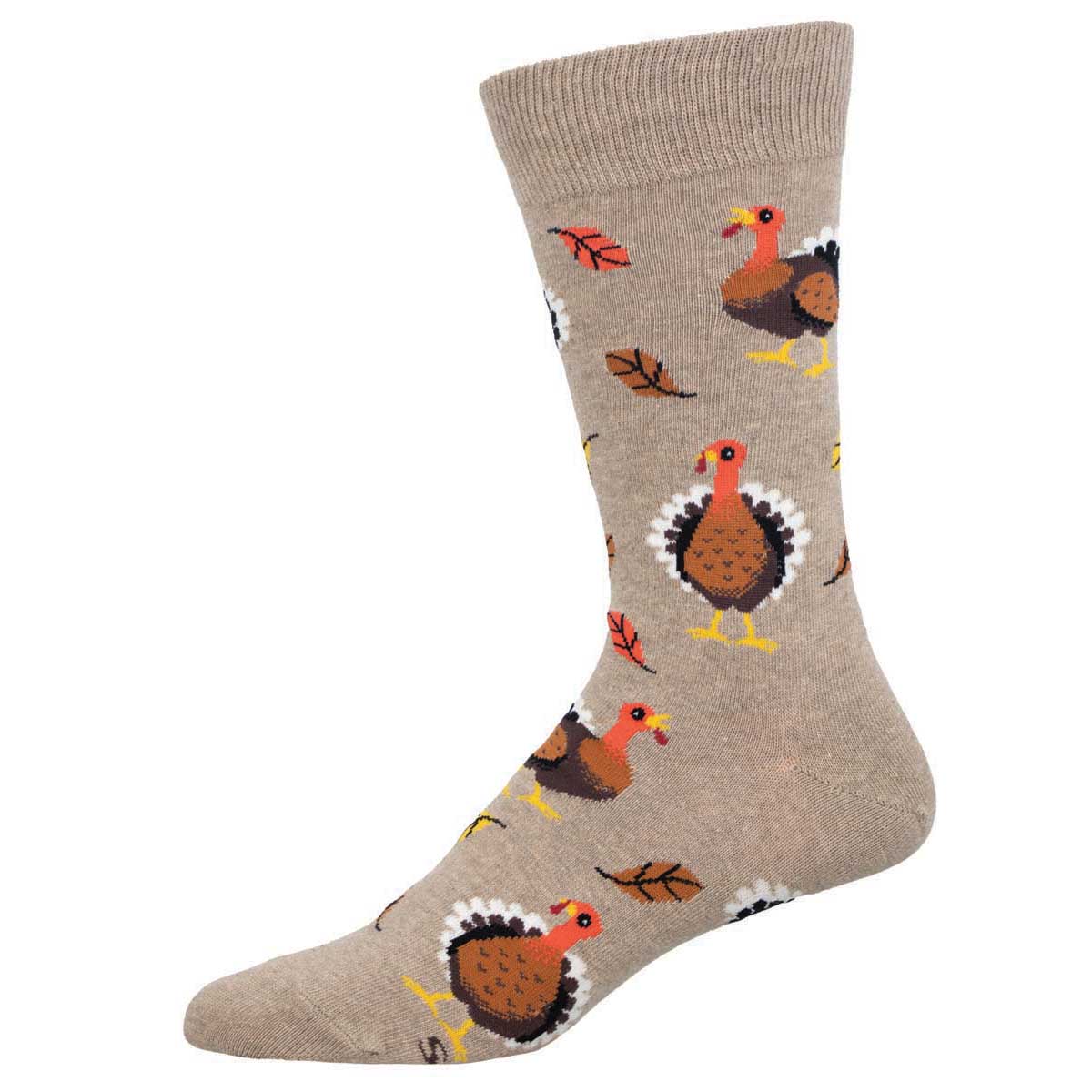 A pair of beige cotton crew socks with a pattern of turkeys and autumn leaves.