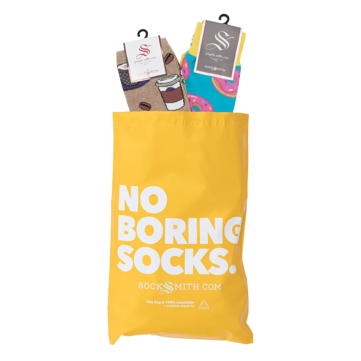 An example of a Mixed Sock of the Month Subscription bag with two pairs of socks inside, one sized for men and one sized for women.