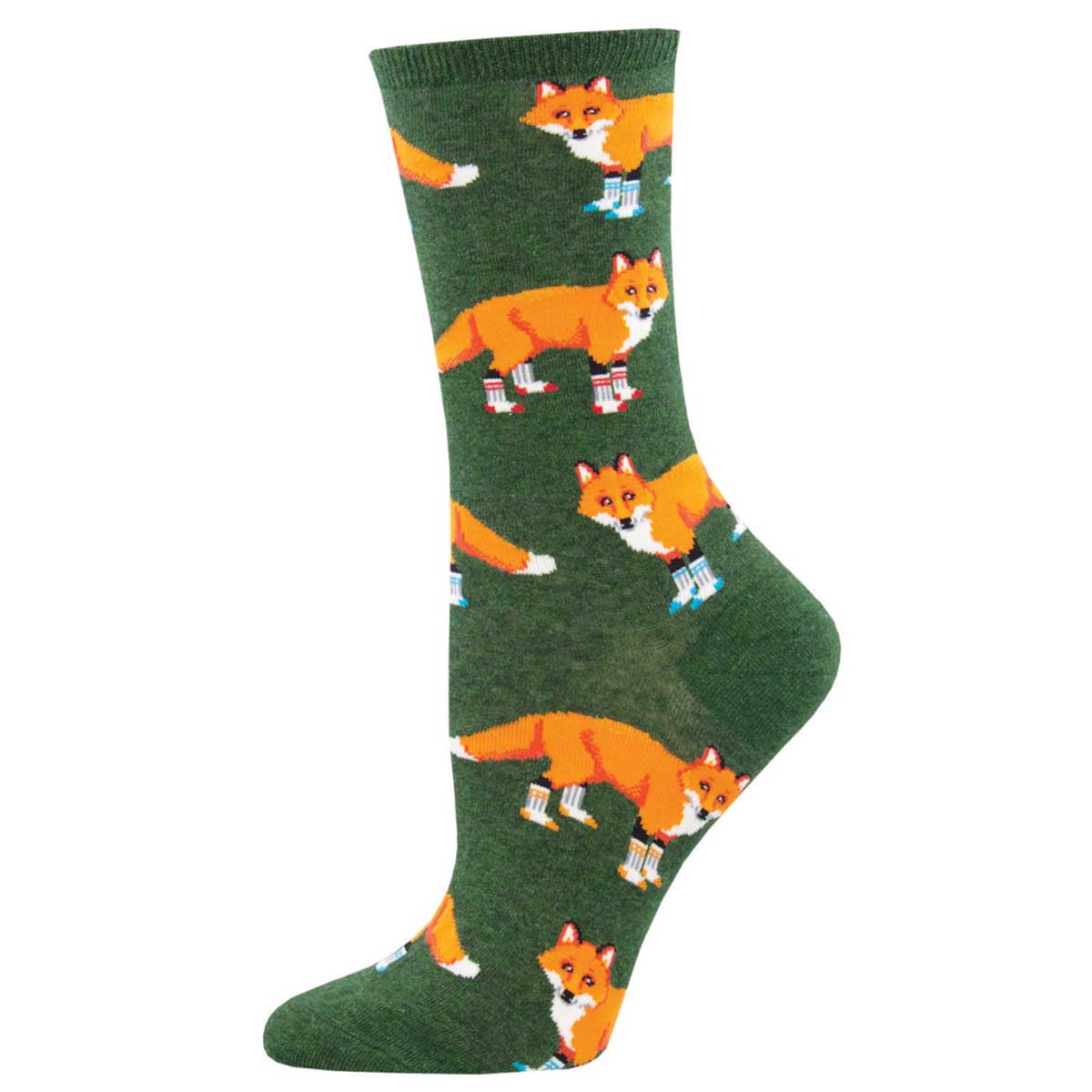 A pair of green crew socks with a pattern of orange foxes in socks.