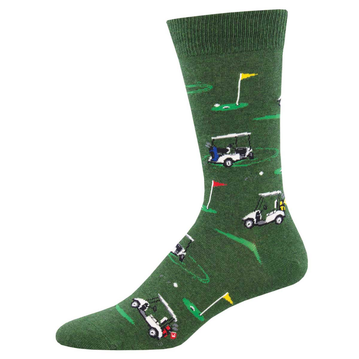 A pair of green men's crew socks with a novelty golf-themed design, including images of golf carts, flags, and grass.