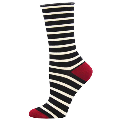 Black and white striped sock with a red heel and toe