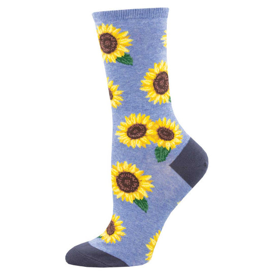 Women's Cotton Crew Socks - Sunflower Print - Blue - Socksmith