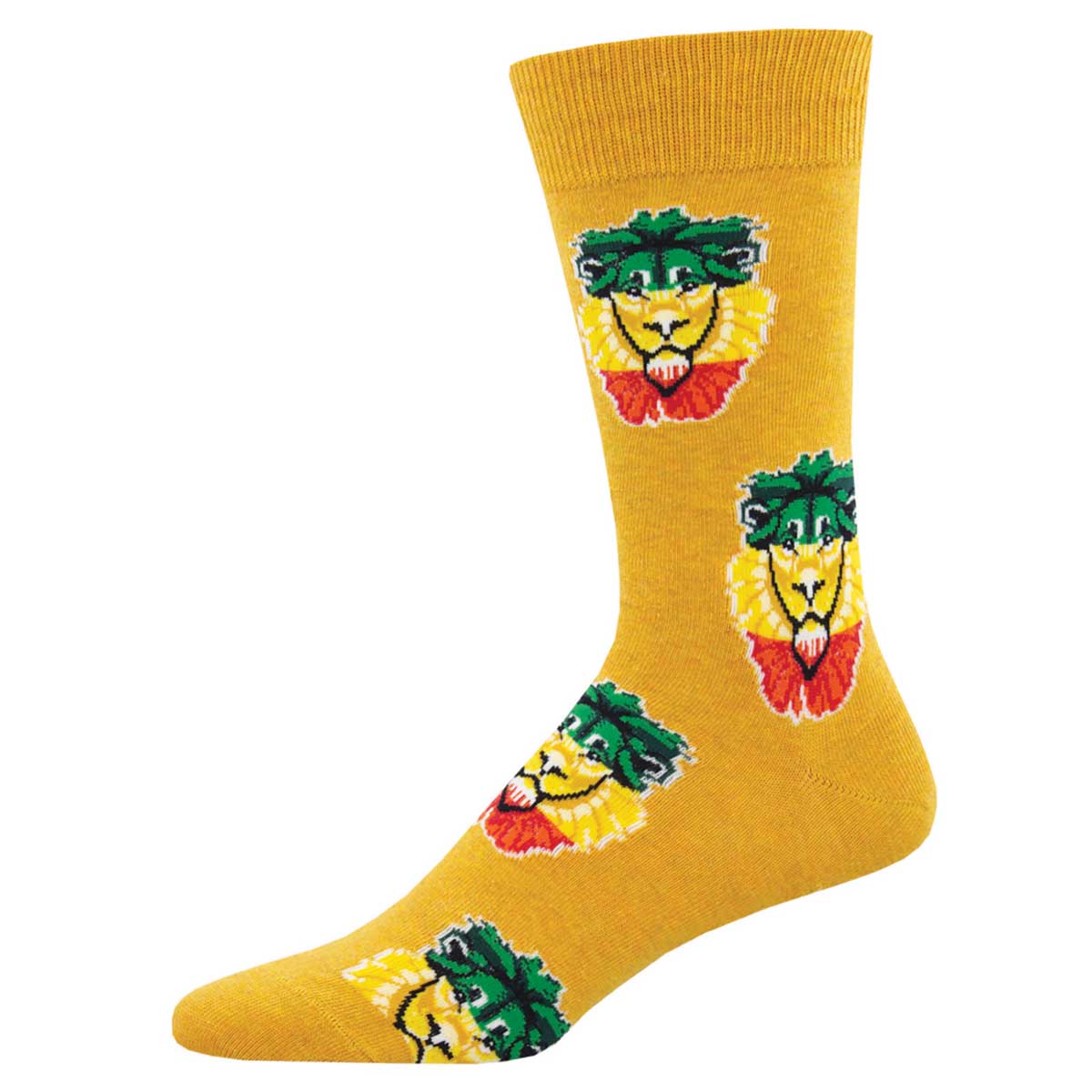 A pair of gold crew socks with a pattern of colorful lion heads in red, yellow, and green.