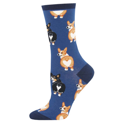 Women's Cotton Crew Socks - Cute Corgi Butts Design - Blue - Socksmith