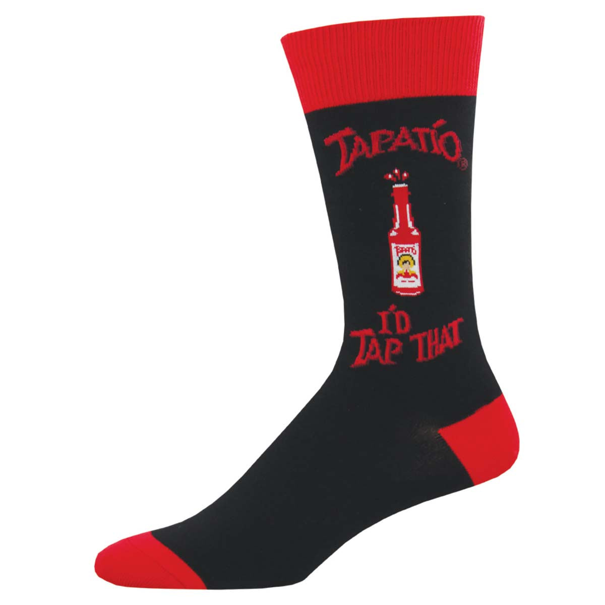 A black crew sock with red trim featuring the 'Tapatio' brand and the phrase 'I'd Tap That' printed on the side.