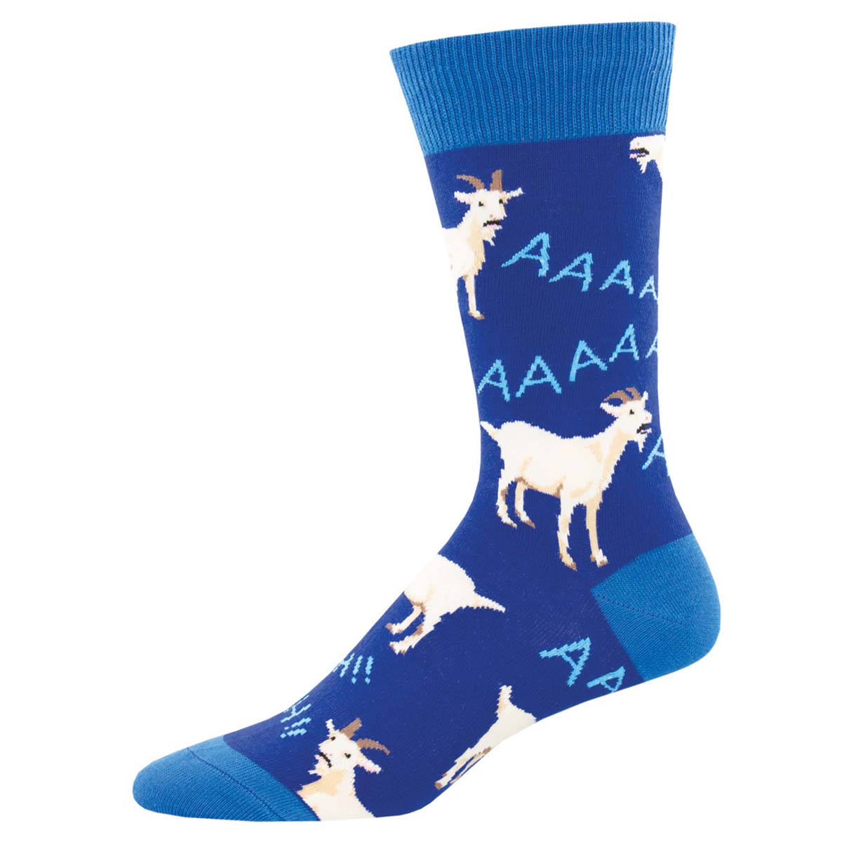 A pair of blue crew socks with a pattern of white goats and the sound effect 'AAAAAH' on the cuffs.