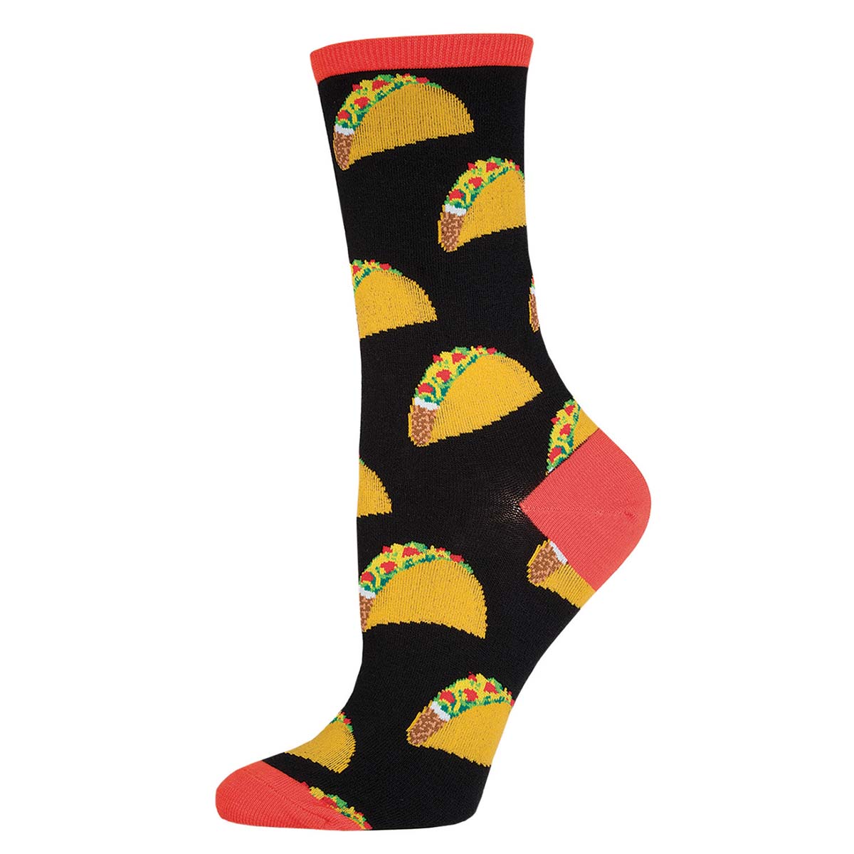 A pair of black cotton crew socks with a pattern of yellow tacos and orange red accents.