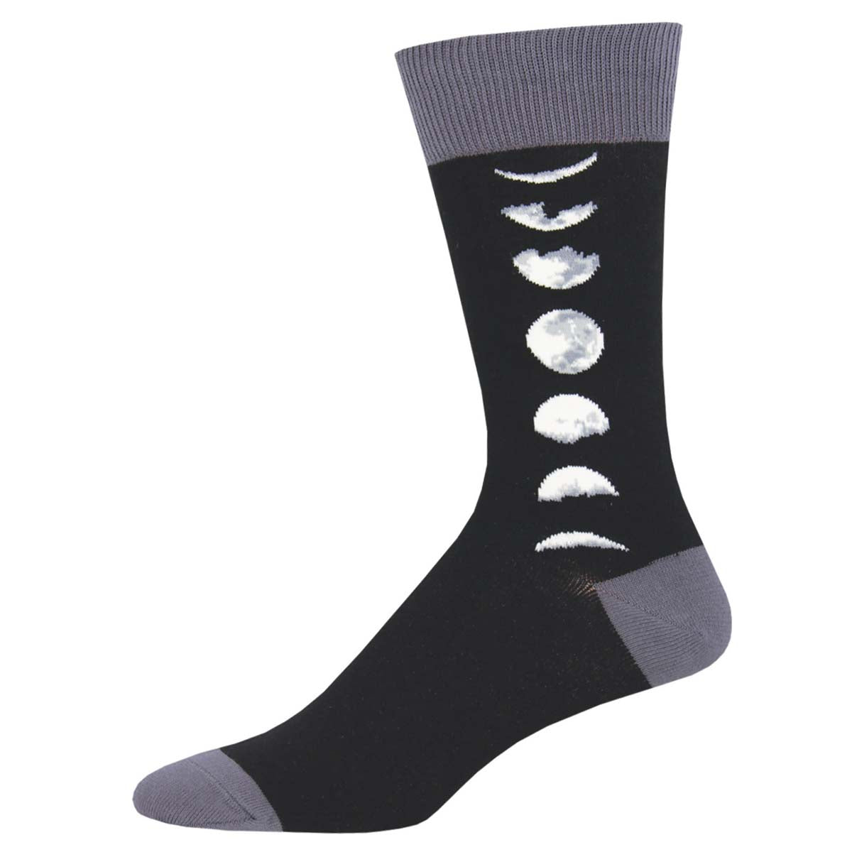 A pair of black cotton socks featuring a pattern of white moons in various phases, reminiscent of the moon cycle, set against a dark background with gray at the cuffs and toes.