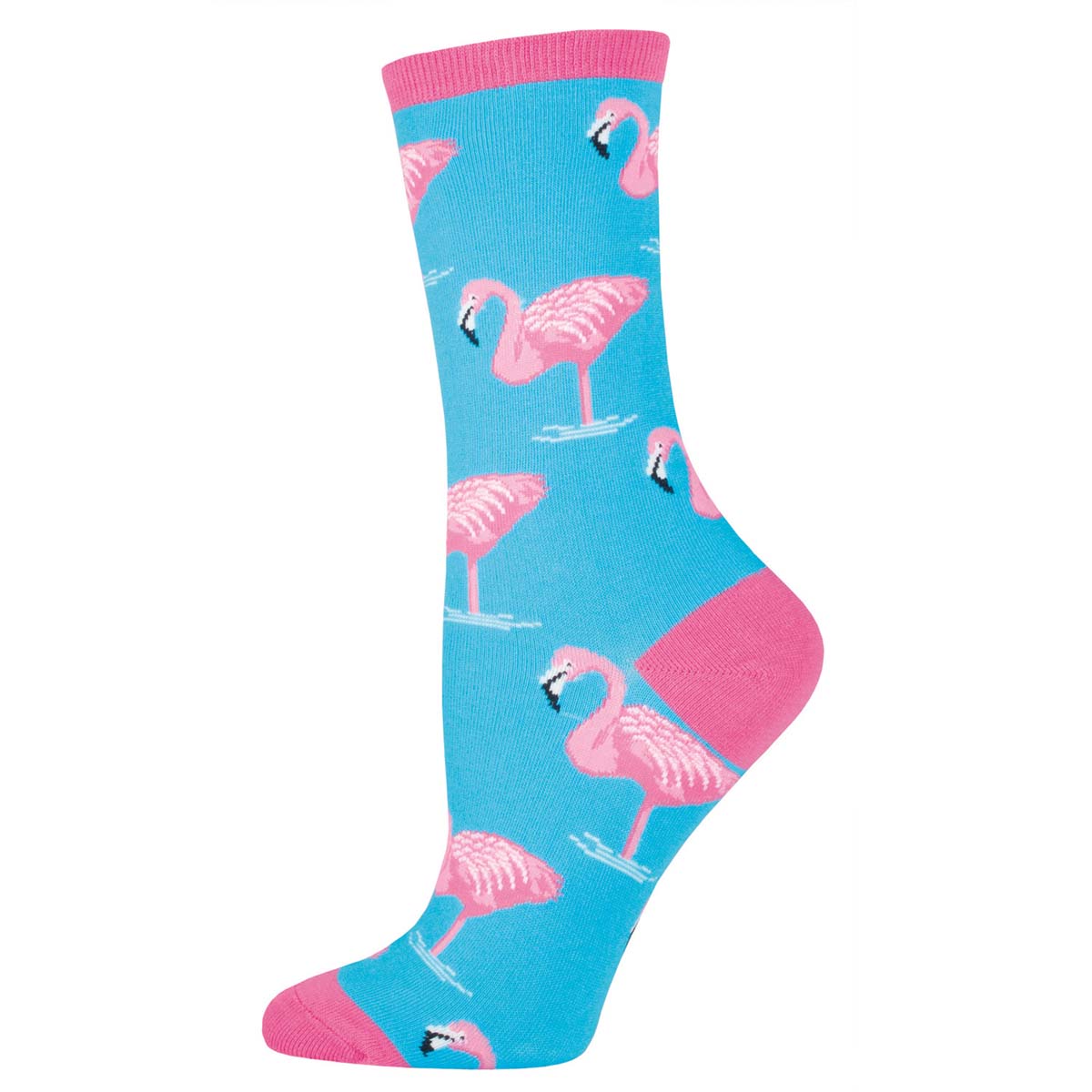 A pair of pink and blue crew socks with a pattern of pink flamingos.