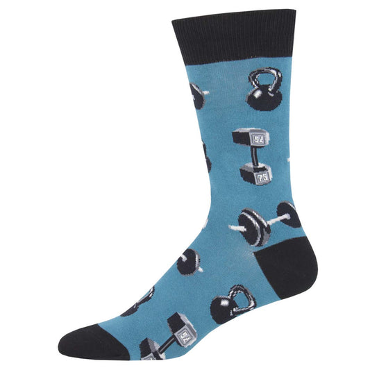 A pair of blue crew socks with a pattern of weight lifting equipment, including dumbbells and barbells.