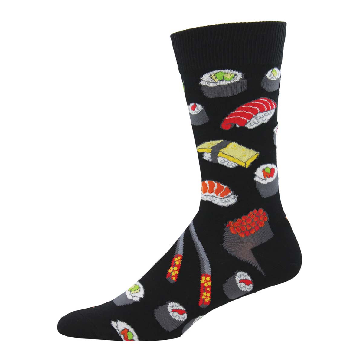 A pair of colorful crew socks featuring various sushi rolls and chopsticks on a black background.